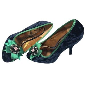 Poetic License Blue Velvet with Green Bow and Rhinestones 4” Heels